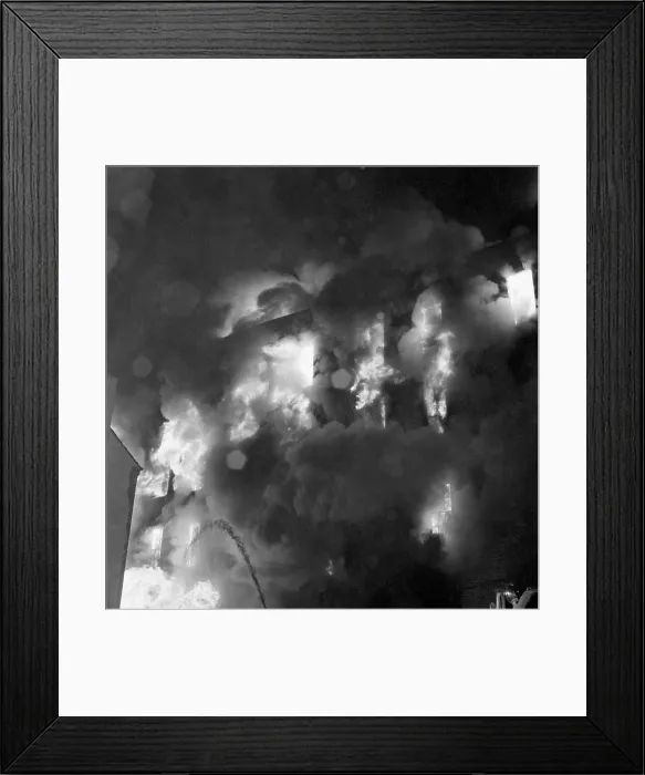 Framed Print : Firemen Looking Up at Blazing Building Framed Print : Firemen Looking Up at Blazing Building