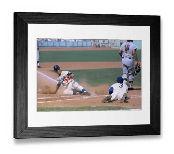 Framed Print : Maury Wills Sliding into Home Plate