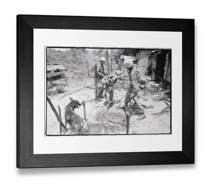Framed Print : American Soldiers W / Dog Inspect Tunnel