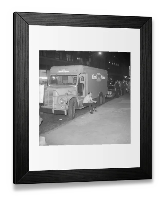 Framed Print : New York Herald Tribune Deliveryman Sits Idly on Truck Framed Print : New York Herald Tribune Deliveryman Sits Idly on Truck