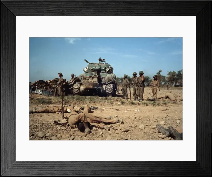 Framed Print : Victim of War With Soldiers and Tank in Background Framed Print : Victim of War With Soldiers and Tank in Background
