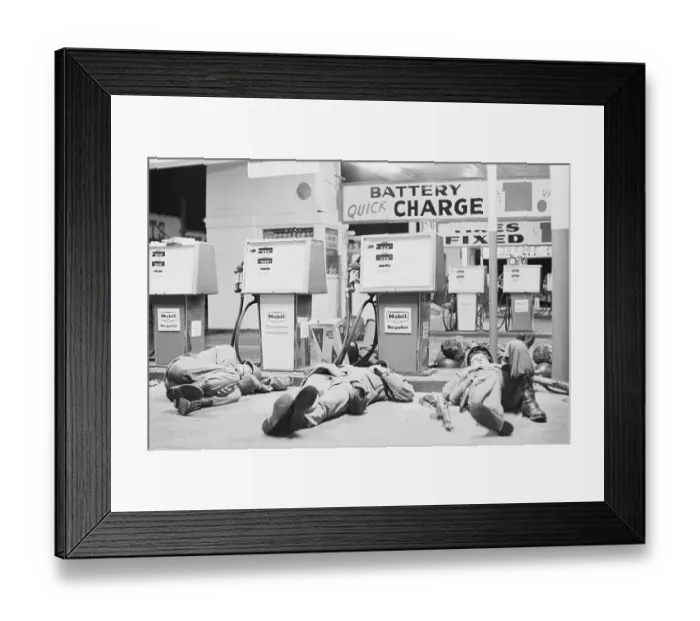 Framed Print : Nat'L Guardsmen Sleeping Near Gas Pumps Framed Print : Nat'L Guardsmen Sleeping Near Gas Pumps