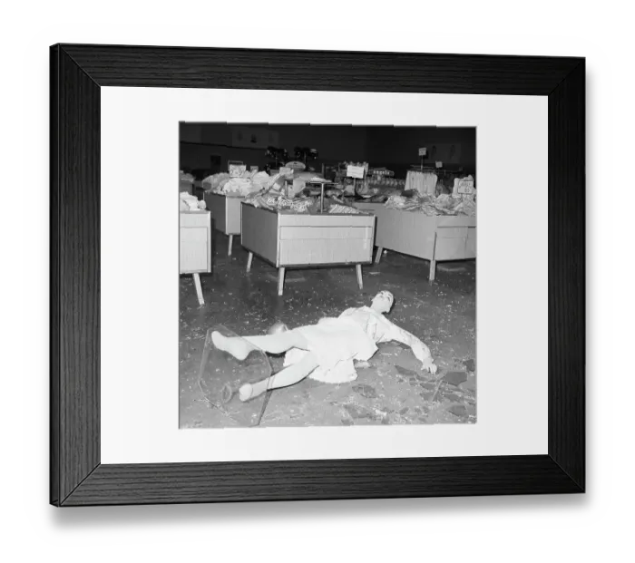 Framed Print : Mannequin on Ground After Store Looting Framed Print : Mannequin on Ground After Store Looting