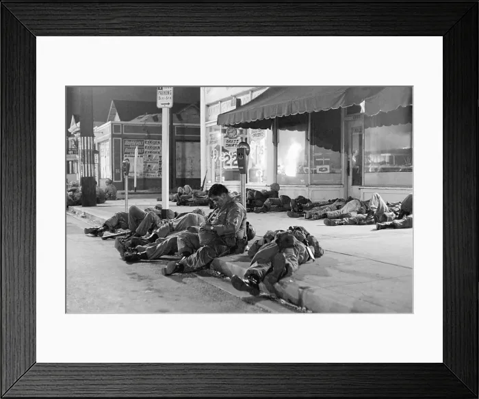 Framed Print : National Guardsmen Sleep on Sidewalk after Watts Riots Framed Print : National Guardsmen Sleep on Sidewalk after Watts Riots