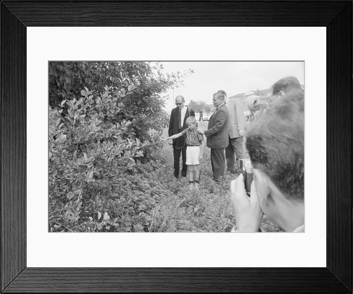 Framed Print : Boy Pointing To Spot Behind Bush