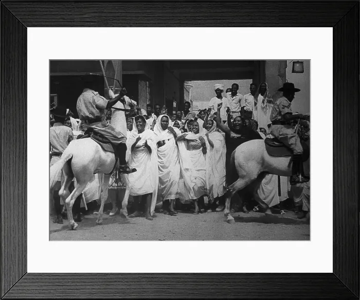 Framed Print : Police on Horseback Calming Joyous Women in the Street Framed Print : Police on Horseback Calming Joyous Women in the Street