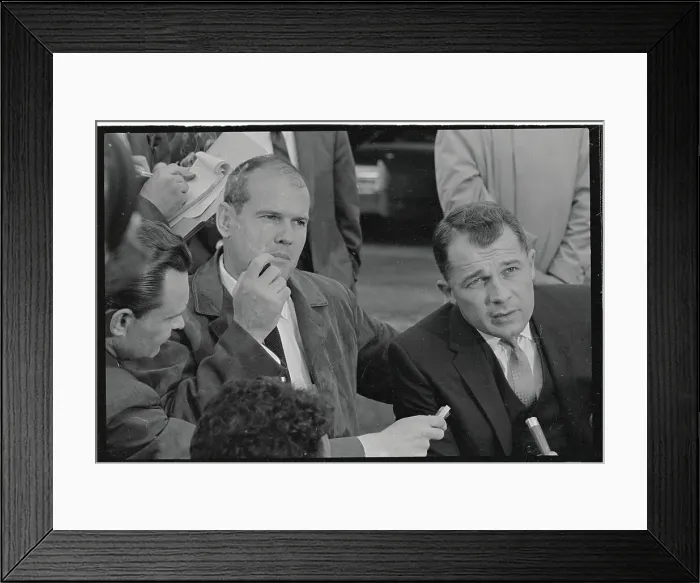 Framed Print : Dr. Samuel Sheppard and F. Lee Bailey Answering Newsmen's Questions Framed Print : Dr. Samuel Sheppard and F. Lee Bailey Answering Newsmen's Questions