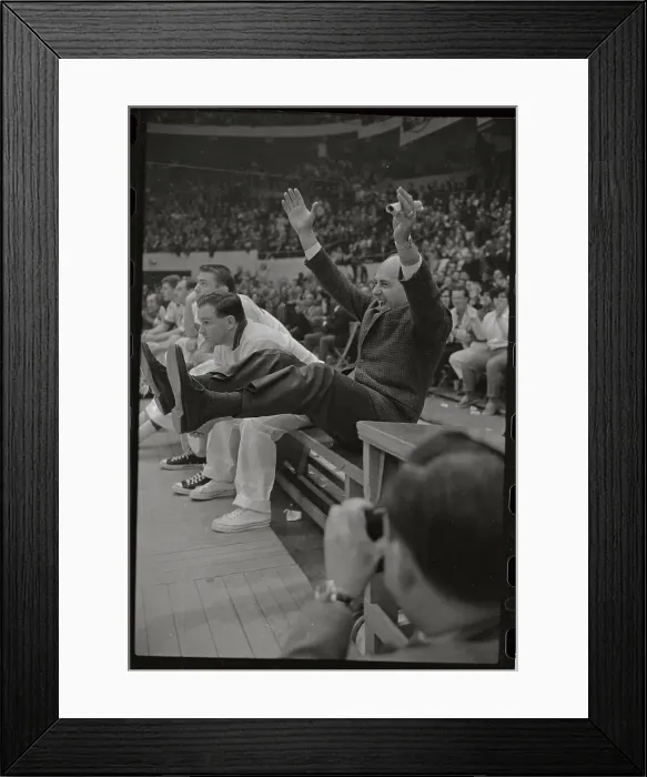 Framed Print : Basketball Coach Celebrating Basket Framed Print : Basketball Coach Celebrating Basket