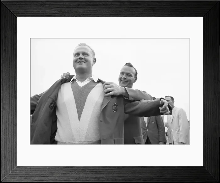 Framed Print : Arnold Palmer Helping Jack Nicklaus with Masters Jacket Framed Print : Arnold Palmer Helping Jack Nicklaus with Masters Jacket