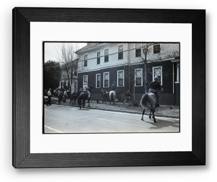 Framed Print : Police On Horseback Corner Demonstrators Framed Print : Police On Horseback Corner Demonstrators