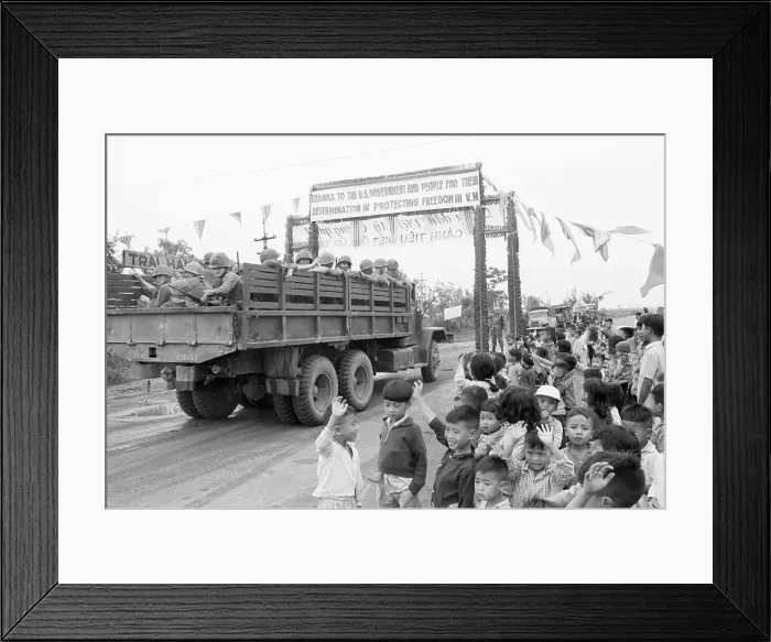 Framed Print : Children Waving to U.S. Marines Framed Print : Children Waving to U.S. Marines