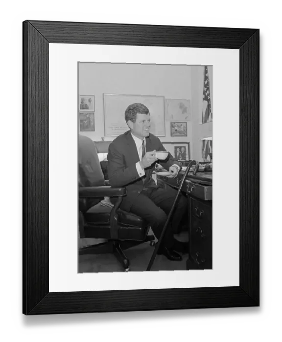 Framed Print : Edward Kennedy Smiling Holding a Cup and Saucer Framed Print : Edward Kennedy Smiling Holding a Cup and Saucer