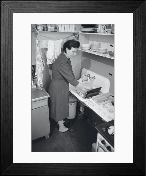 Framed Print : Maid Cleaning Dishes in Apartment