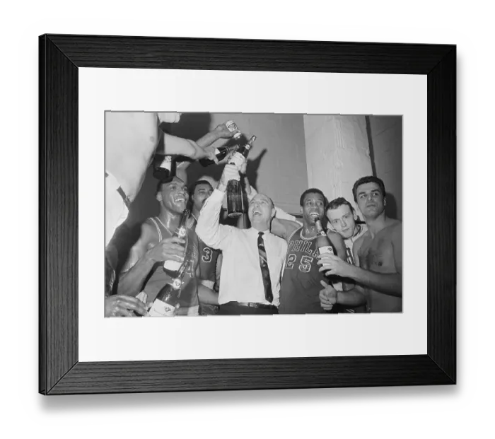 Framed Print : Alex Hannum and His Team Raising Champagne Bottles Framed Print : Alex Hannum and His Team Raising Champagne Bottles