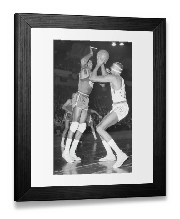 Framed Print : Wilt Chamberlain Shoots Wearing Nose Guard Framed Print : Wilt Chamberlain Shoots Wearing Nose Guard
