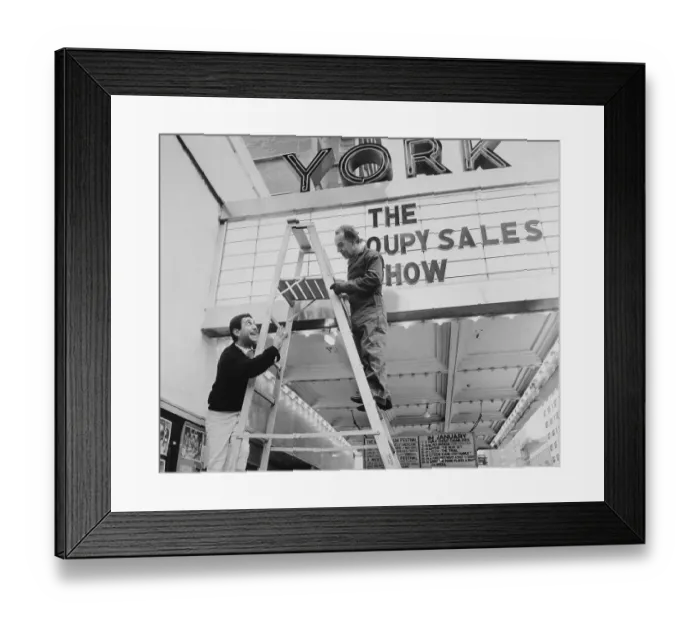 Framed Print : Comedian Soupy Sales Chatting with Worker at York Theater Entrance Framed Print : Comedian Soupy Sales Chatting with Worker at York Theater Entrance