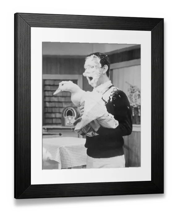 Framed Print : Comedian Soupy Sales with a Whipped Cream Face Holding a Duck Framed Print : Comedian Soupy Sales with a Whipped Cream Face Holding a Duck