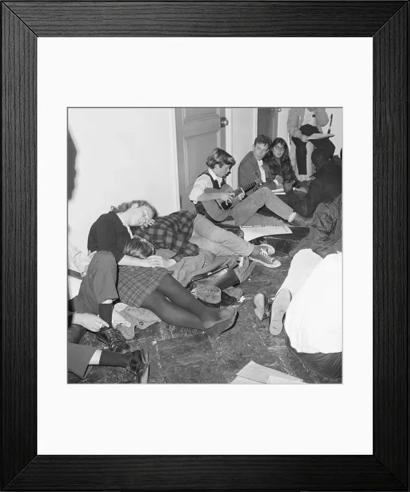 Framed Print : Students Sleep and Play Guitar at Sit-In Framed Print : Students Sleep and Play Guitar at Sit-In