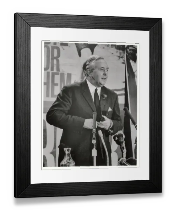 Framed Print : Harold Wilson Speaking at Microphones Framed Print : Harold Wilson Speaking at Microphones