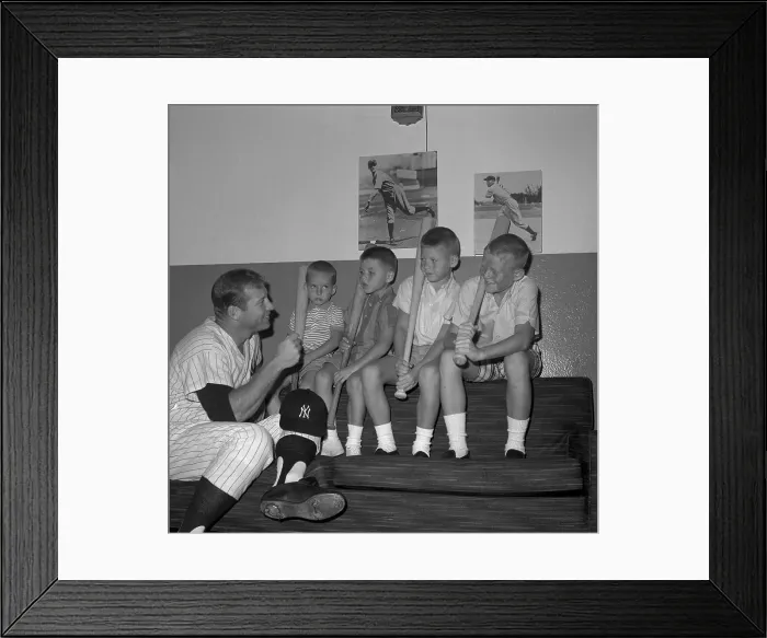 Framed Print : Mickey Mantle Stooping to Talk with His children Framed Print : Mickey Mantle Stooping to Talk with His children