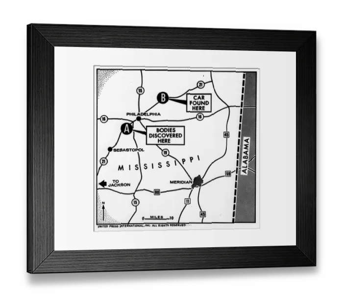 Framed Print : Map of Civil Rights Worker's Body Locations Framed Print : Map of Civil Rights Worker's Body Locations