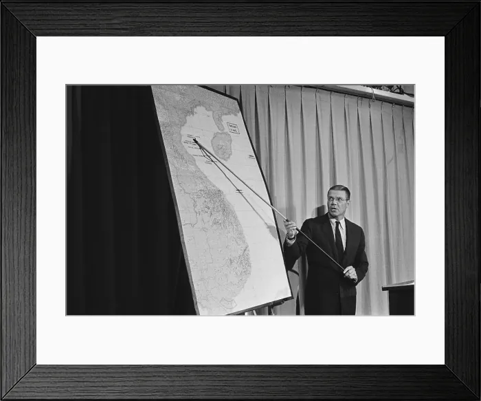 Framed Print : Robert McNamara Pointing To Map of Vietnam Framed Print : Robert McNamara Pointing To Map of Vietnam
