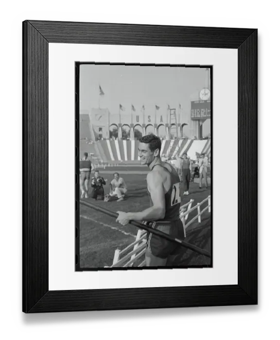 Framed Print : Portrait of Fred Hansen Holding Pole Framed Print : Portrait of Fred Hansen Holding Pole