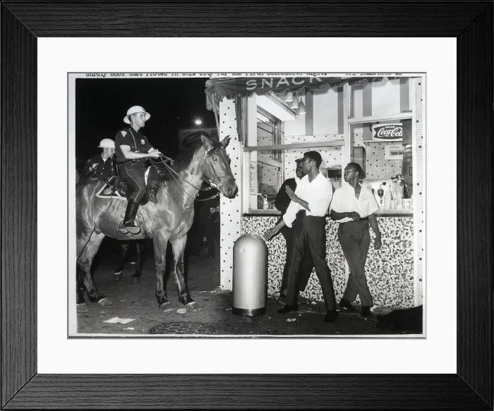 Framed Print : Officers on Horses Confront Men Framed Print : Officers on Horses Confront Men