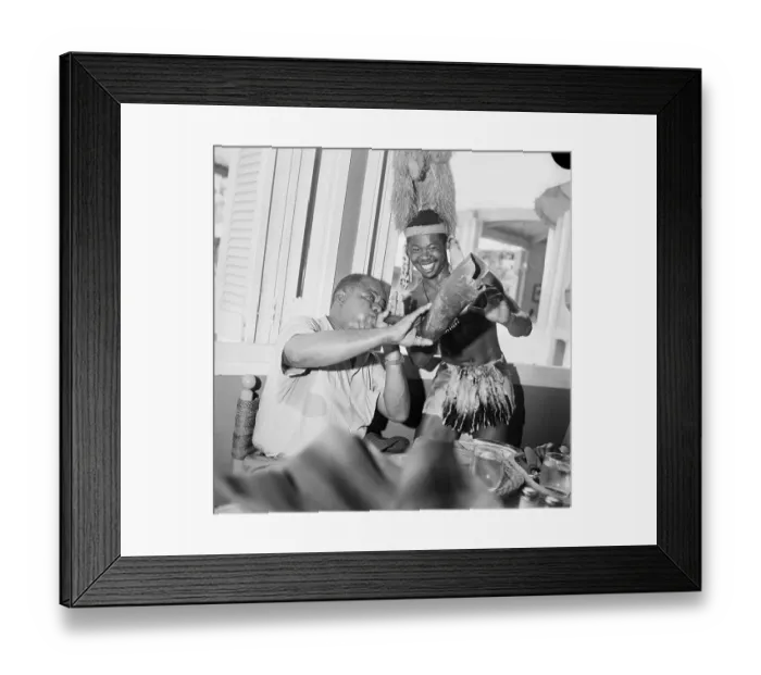 Framed Print : Louis Armstrong Receiving Gift from African Tribesman at World's Fair Framed Print : Louis Armstrong Receiving Gift from African Tribesman at World's Fair
