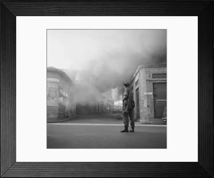Framed Print : British Soldier Watches Building Burn Framed Print : British Soldier Watches Building Burn