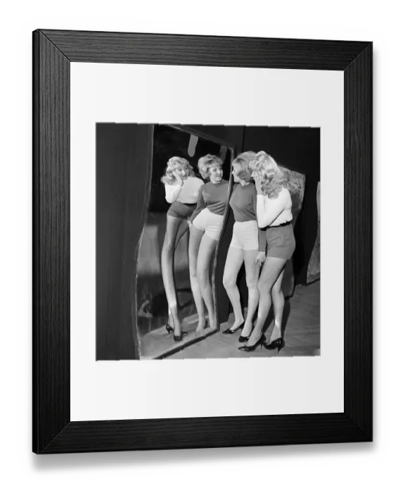 Framed Print : Girls Looking in Distorted Mirror Framed Print : Girls Looking in Distorted Mirror