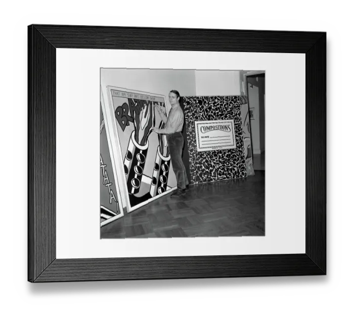 Framed Print : Roy Lichtenstein with Pencil at Painting