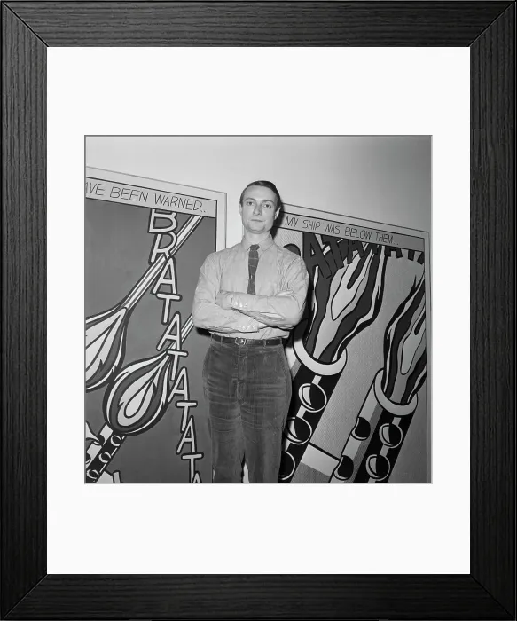 Framed Print : Roy Lichtenstein in Front of His Comic Book Inspired Art Work Framed Print : Roy Lichtenstein in Front of His Comic Book Inspired Art Work
