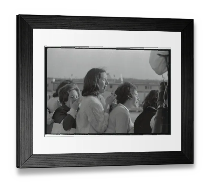 Framed Print : Two Teenage Girls Crying as They Watch the Beatles Place Take Off Framed Print : Two Teenage Girls Crying as They Watch the Beatles Place Take Off