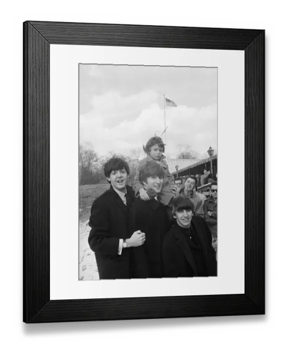 Framed Print : Three Beatles Posing with Young Girl Framed Print : Three Beatles Posing with Young Girl