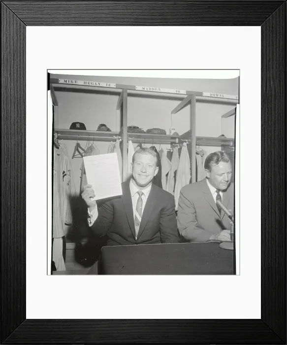 Framed Print : Mickey Mantle Holding Contract in His Hand