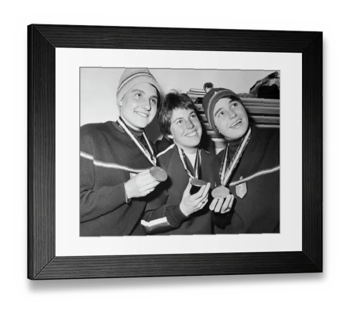 Framed Print : Olympic Winners for Ladies Slalom Posing with Medals Framed Print : Olympic Winners for Ladies Slalom Posing with Medals