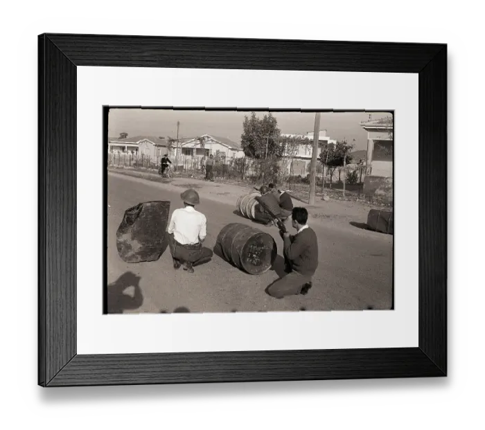 Framed Print : Greek Solders Duck Behind Barrels with Rifles Framed Print : Greek Solders Duck Behind Barrels with Rifles