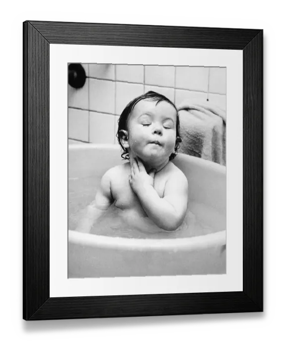 Framed Print : Expressive Infant Girl Bathing in Washtub Framed Print : Expressive Infant Girl Bathing in Washtub