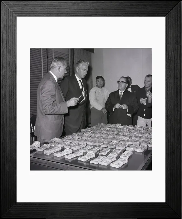 Framed Print : Fbi Agents Stand @ Table Piled W / Money Framed Print : Fbi Agents Stand @ Table Piled W / Money