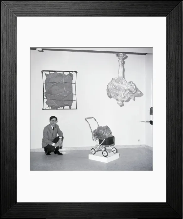 Framed Print : Artist Christo With Wrapped Artworks Framed Print : Artist Christo With Wrapped Artworks