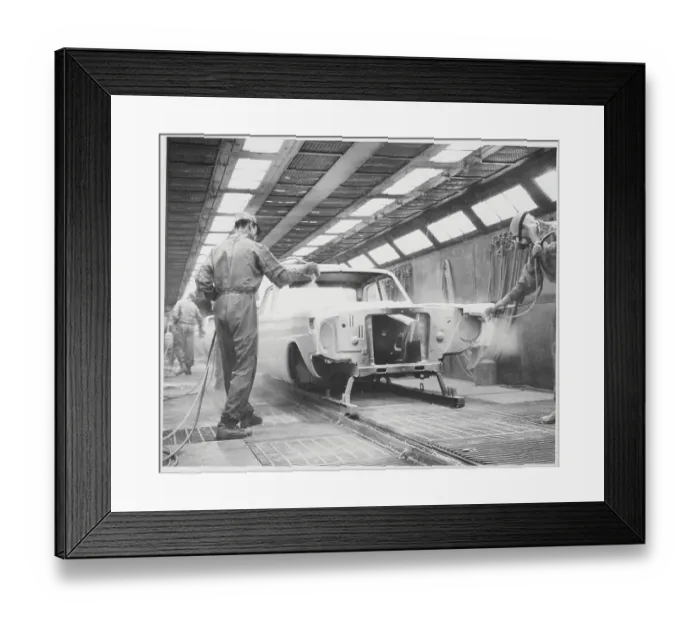Framed Print : Assembly Line Men Spraying Off Car Framed Print : Assembly Line Men Spraying Off Car
