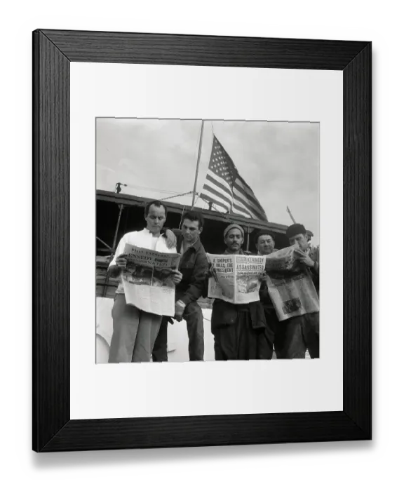Framed Print : Merchant Seamen Reading Newspaper on Kennedy Assassination Framed Print : Merchant Seamen Reading Newspaper on Kennedy Assassination