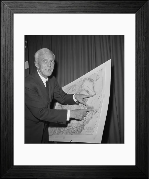 Framed Print : Explorer Helge Ingstad Pointing to Map Framed Print : Explorer Helge Ingstad Pointing to Map