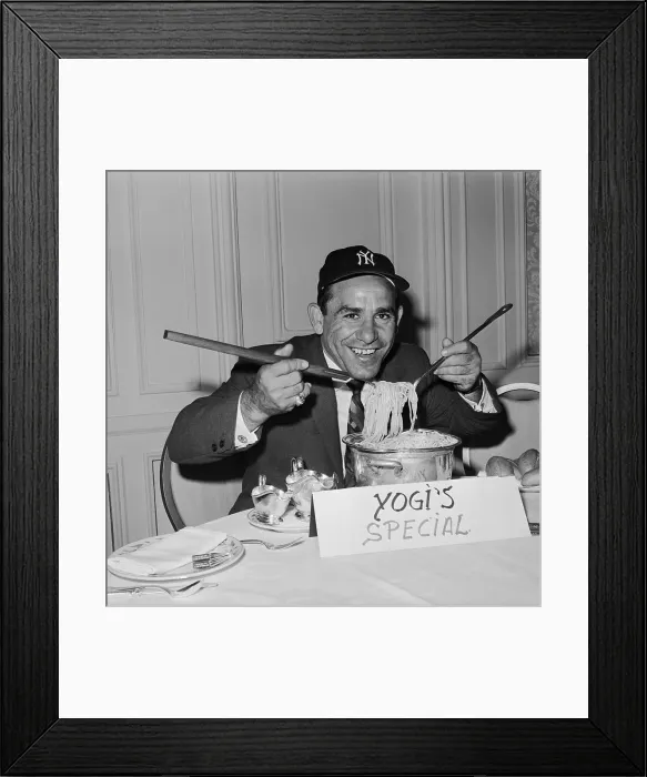 Framed Print : Yogi Berra Digging into Pot of Spaghetti
