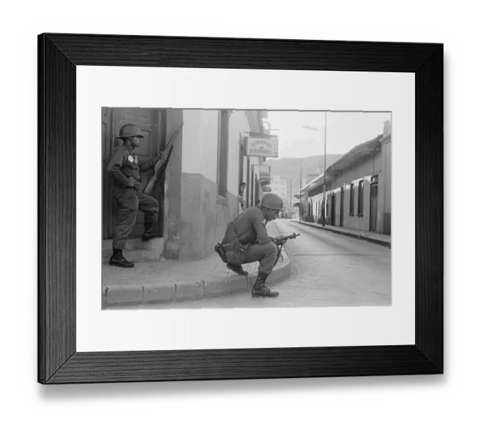 Framed Print : Armed Soldiers Stand Guard on Street Framed Print : Armed Soldiers Stand Guard on Street