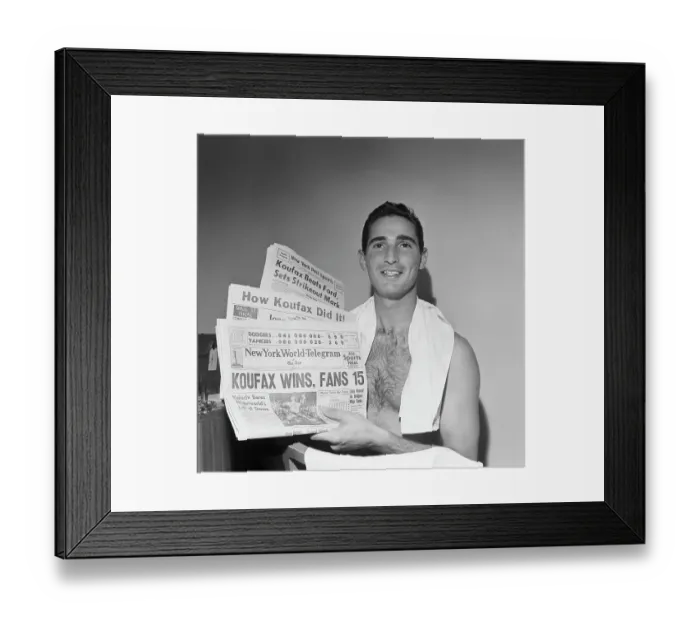 Framed Print : Sandy Koufax Holds 1963 Newspapers Headlining World Series Framed Print : Sandy Koufax Holds 1963 Newspapers Headlining World Series