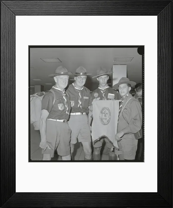 Framed Print : Boy Scout Officials Posing with Emblem Framed Print : Boy Scout Officials Posing with Emblem