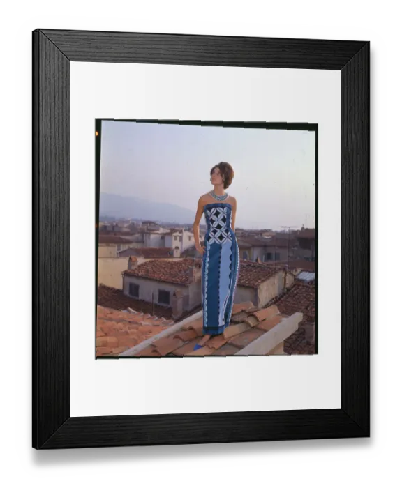 Framed Print : Female Model Wearing Blue Dress and Posing on Rooftop Framed Print : Female Model Wearing Blue Dress and Posing on Rooftop