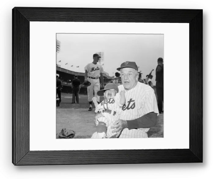 Framed Print : Casey Stengel Holding Young Toddler Also Wearing Mets Uniform
